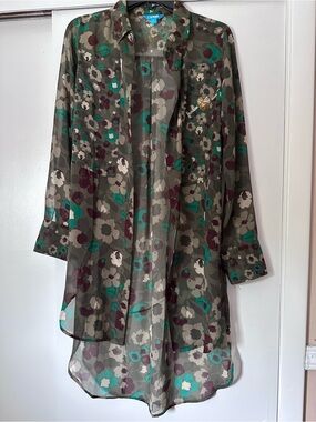 L'Amour Olive Button-Up Shirt with Teal & Plum Floral Print